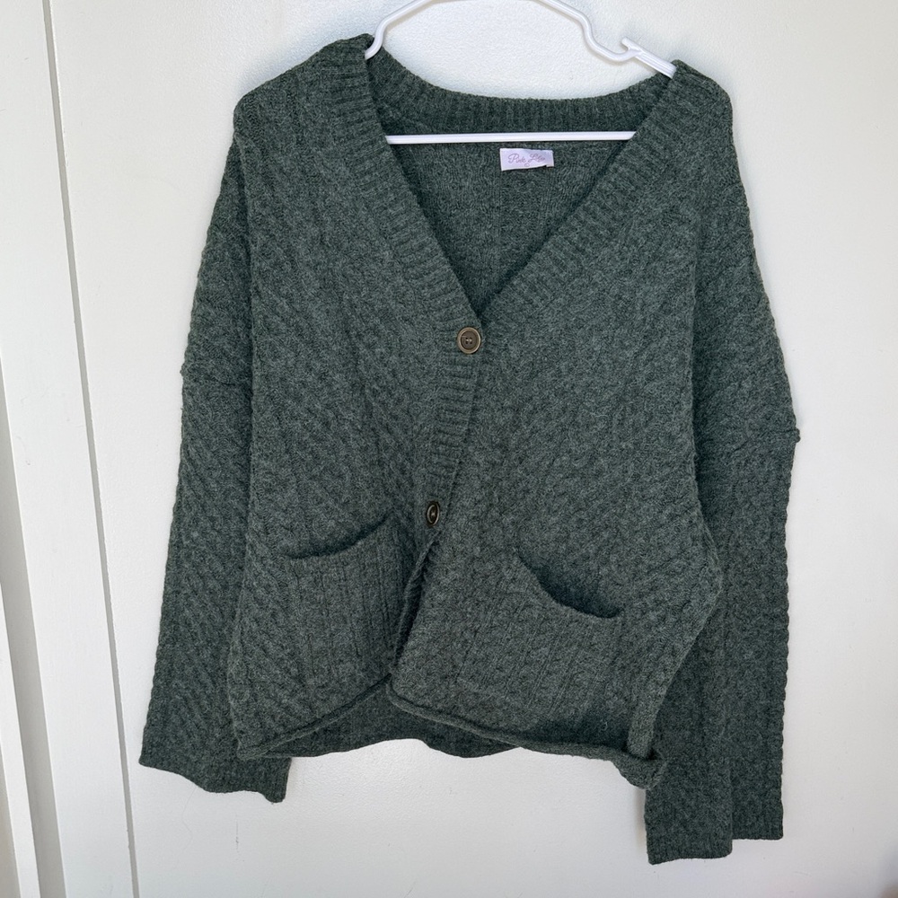 Pink Lily Olive Green V-Neck Chunky Knit Cardigan